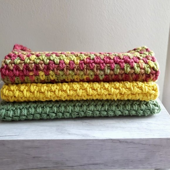3 CROCHET DISHCLOTH WASHCLOTH 100% COTTON HANDMADE NEW Sage Green Yellow… - Picture 10 of 10